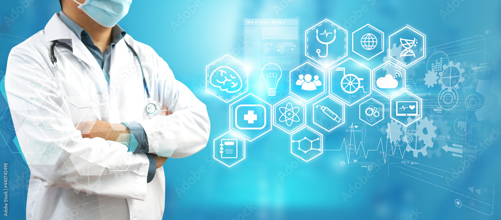 Doctor working in hospital and icon medical interface. Medical technology research institute concept Doctor working in hospital and icon medical interface. Medical technology research institute concept