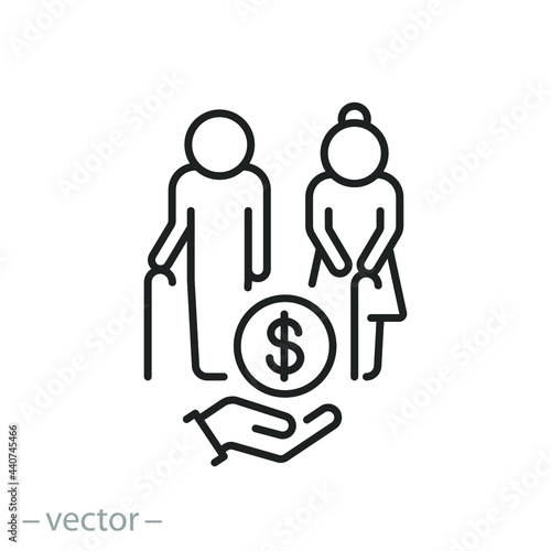pension or social help icon, elderly man with woman, money assistance, financial support family, care olders, thin line symbol on white background - editable stroke vector illustration eps10