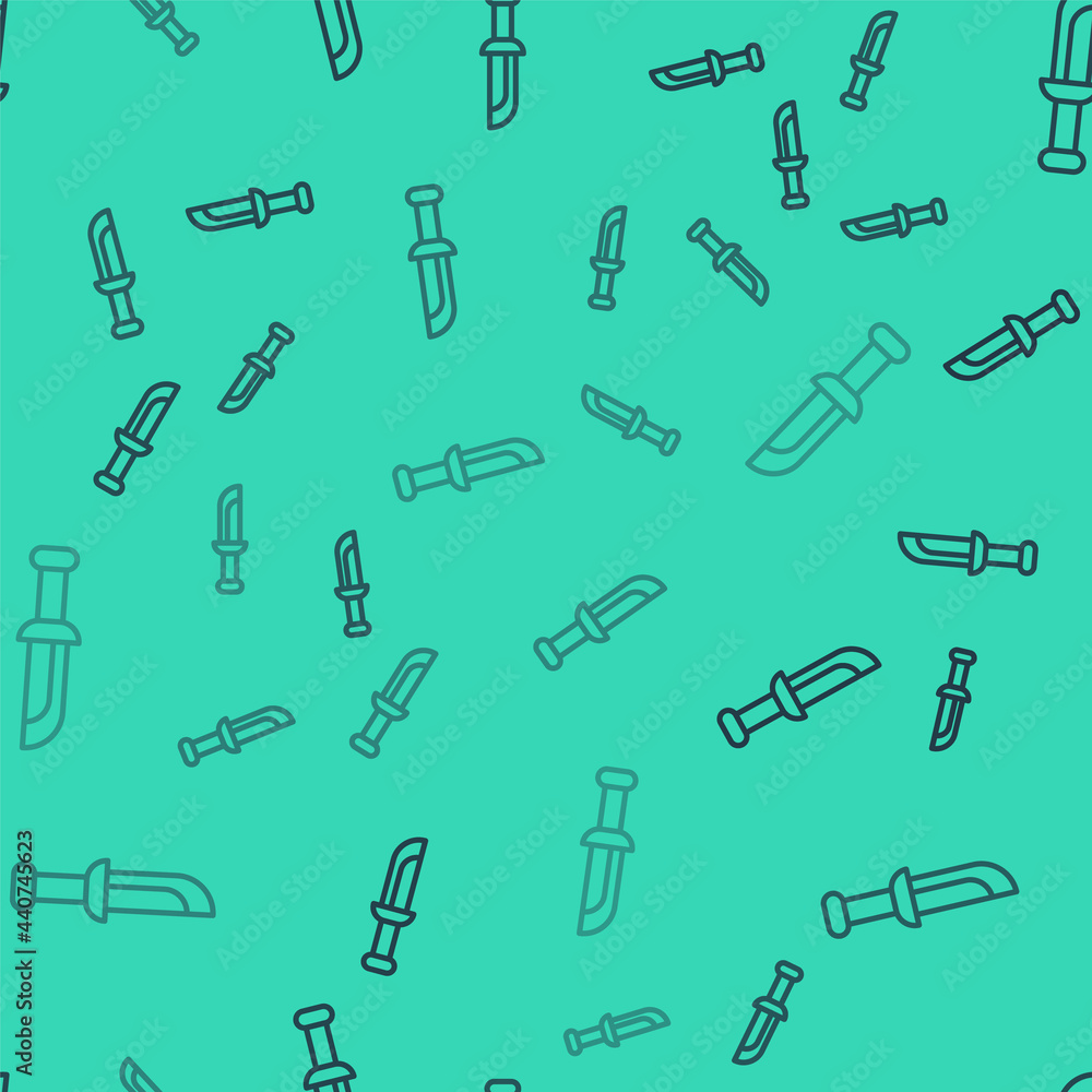 Black line Military knife icon isolated seamless pattern on green background. Vector Black line Military knife icon isolated seamless pattern on green background. Vector