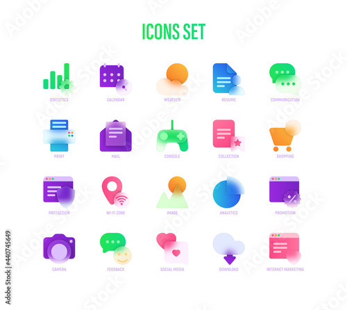Icons set in glassmorphism style. Statistics, Calendar, Weather, Camera, Feedback, Social Media, Download, Internet Marketing, Wi-Fi Zone. Vector illustration.