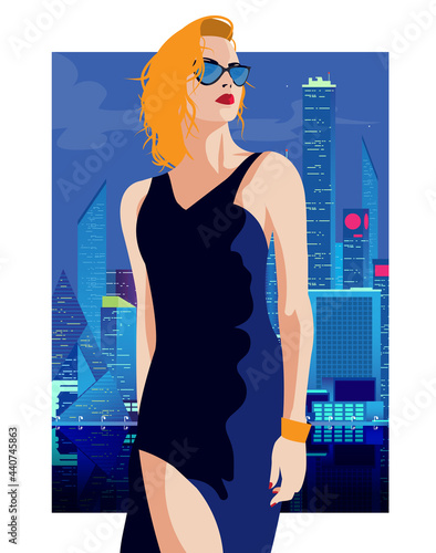 Fashion girl in pop art style in New York City. Vector illustration.