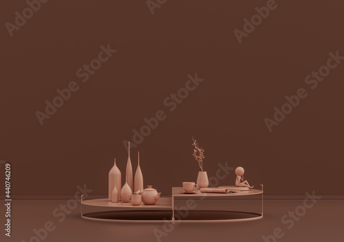 Single coffee table with ornamental plants and vases in rosy brown room, monochrome single color, 3d Rendering