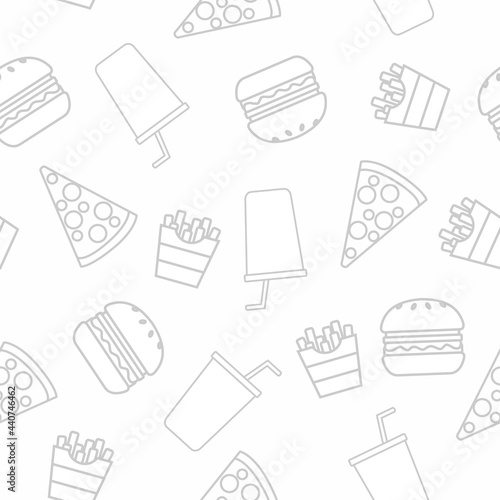 Burger, Fries, Pizza and soda pattern. Vector seamless pattern or background with food