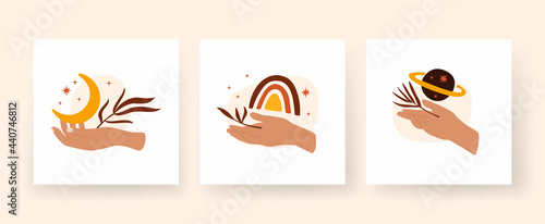 Set of modern boho style square posters with woman hands. Hand holds branches and crescent. Minimalistic rainbow on palm. Planet saturn with ring and tropical leaf. Vector flat template