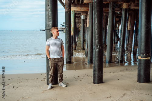 Portrait of a man on the beach near the pier in Santa Barbara, California, USA