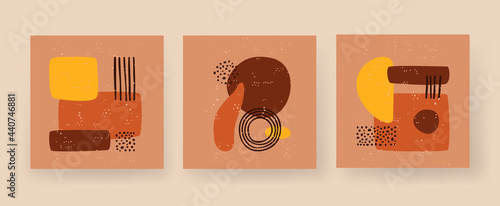 Minimalistic geometric boho figures. Abstract rectangle and circle an arch. Square primitivism in terracotta and yellow style. Drawing sculptures on shabby posters. Vector flat template