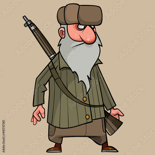 cartoon grandfather in winter clothes with a rifle behind his back