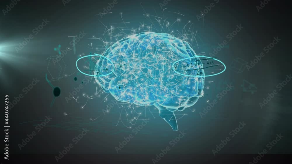 Mathematical equations floating over spinning human brain against spot of light on green background Mathematical equations floating over spinning human brain against spot of light on green background