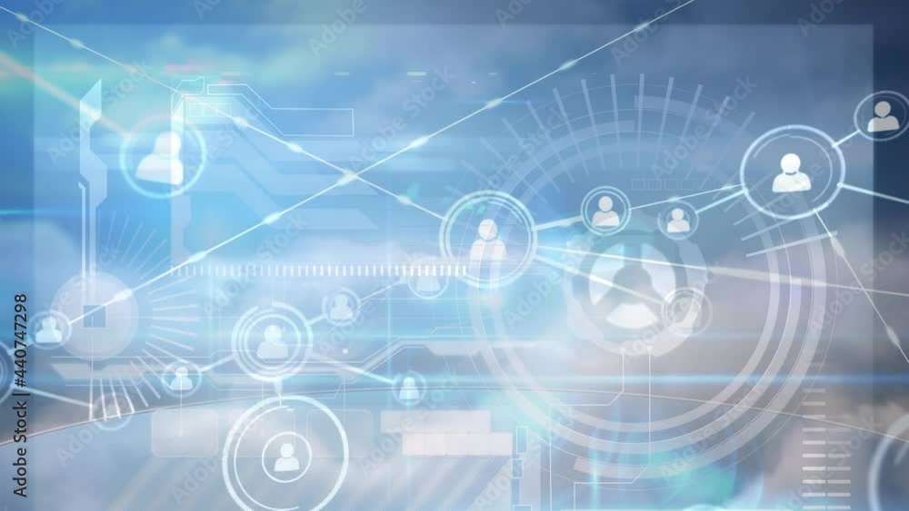 Network of connections against round scanner and data processing on clouds in the sky Network of connections against round scanner and data processing on clouds in the sky