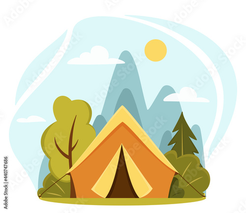 Summer camp concept. Camping landscape. Sunny day landscape illustration in flat style with tent, mountains and forest. Banner or poster for summer camp, nature tourism, camping, hiking, trekking