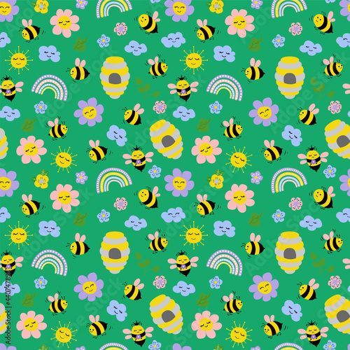 Seamless pattern with cute hand drawn bees, bee, flowers. Design for fabric, textile, wallpaper, packaging, for children.