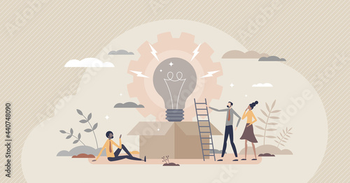 New product development scene and innovation improvement tiny person concept. Marketing and idea launch management and invention optimization vector illustration. Beginning of advertisement content.
