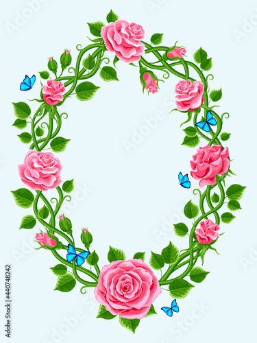 beautiful wreath of roses,butterflies, leaves and bindweed. oval frame with a place for text. vector illustration, greeting card , invitation, banner
