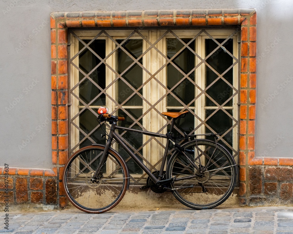 old bicycle leaning on the lattice of a building window at a sidewalk in Vienna
