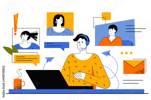 Video chatting web concept. Employee conducts video conference with colleagues. Man making online call his friends sitting at laptop. Vector illustration for web page template in flat line design