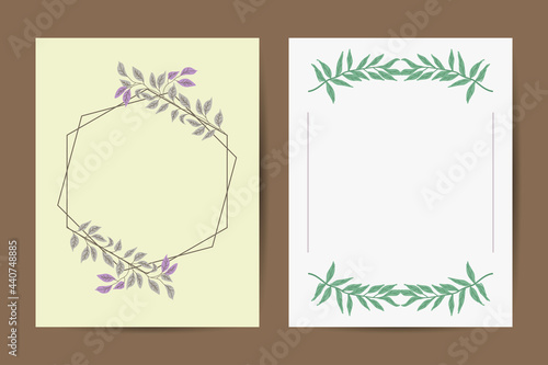 Wedding Invitation, floral invite card Design: Peach lavender pink garden Rose, succulent, wax, eucalyptus, green palm leaves, forest fern greenery geometric golden frame print. Vector cute copy space