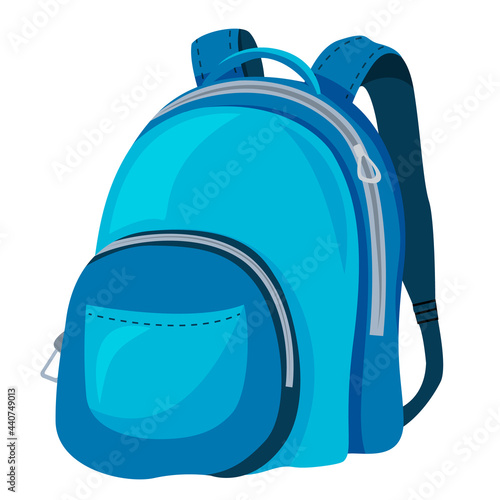 Vector image of a blue school backpack isolated on a white background. School education. Tourism. A design element.