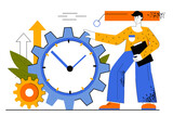 Time management web concept. Business planning and successful development strategy. Man organized work processes, productivity workflow. Vector illustration for web page template in flat line design