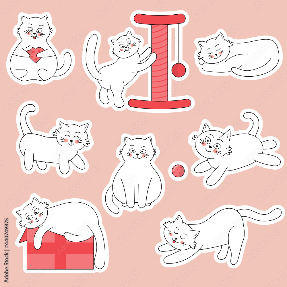 Set of white cats badges, patches, stickers. Comic fat pet in different poses. Set of white cats badges, patches, stickers. Comic fat pet in different poses.