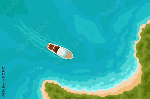 Summer holiday background with speed boat sailing to a sandy beach on tropical island. Top aerial view. Bird eye view, water sport theme, tourism, yacht rental, adventures, vacation, cruising