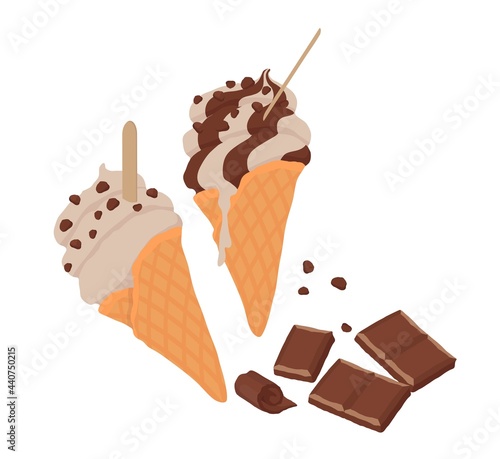 Chocolate soft ice cream in a waffle cone. For holiday, celebration, weekend menu, summer menu.