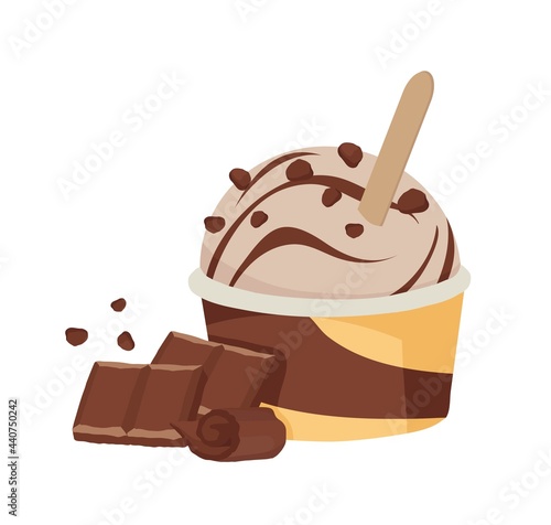 Chocolate Ice cream in a cup. A paper container. Outline vector illustration on a white background.