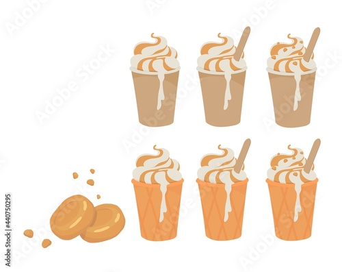 Caramel Ice cream in a cup. A paper container. Waffle cup. Outline vector illustration on a white background.