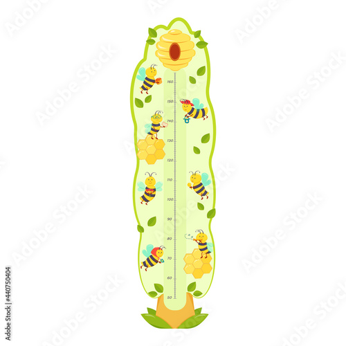 Tree-shaped height gauge for children with illustration of cute bees on a tree with different activities