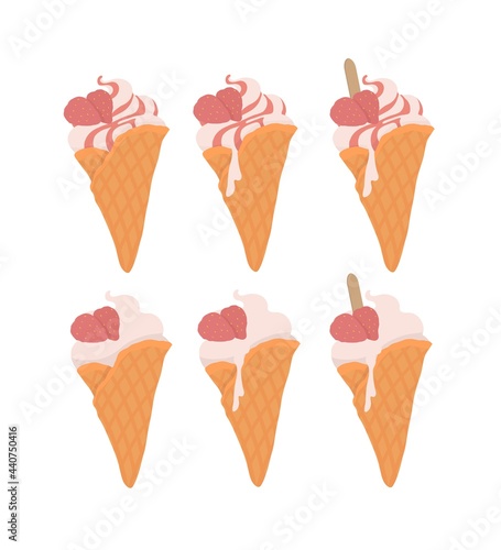Strawberry soft ice cream in a waffle cone. Strawberry topping. For holiday, celebration, weekend menu, summer menu.
