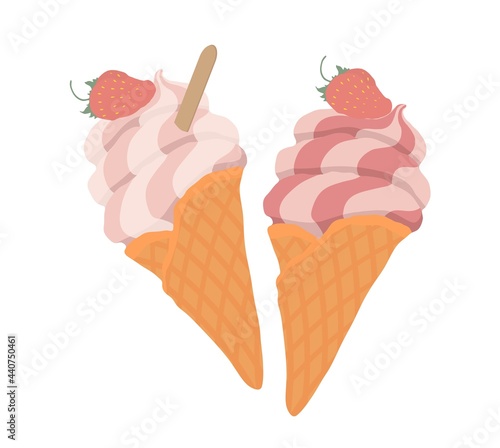 Strawberry soft ice cream in a waffle cone. For holiday, celebration, weekend menu, summer menu.