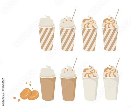 Caramel milkshake. Cappuccino. Latte. Irish cream coffee. Ice cream, milkshake, cocktail. Whipped foam. Caramel topping. Paper cup.