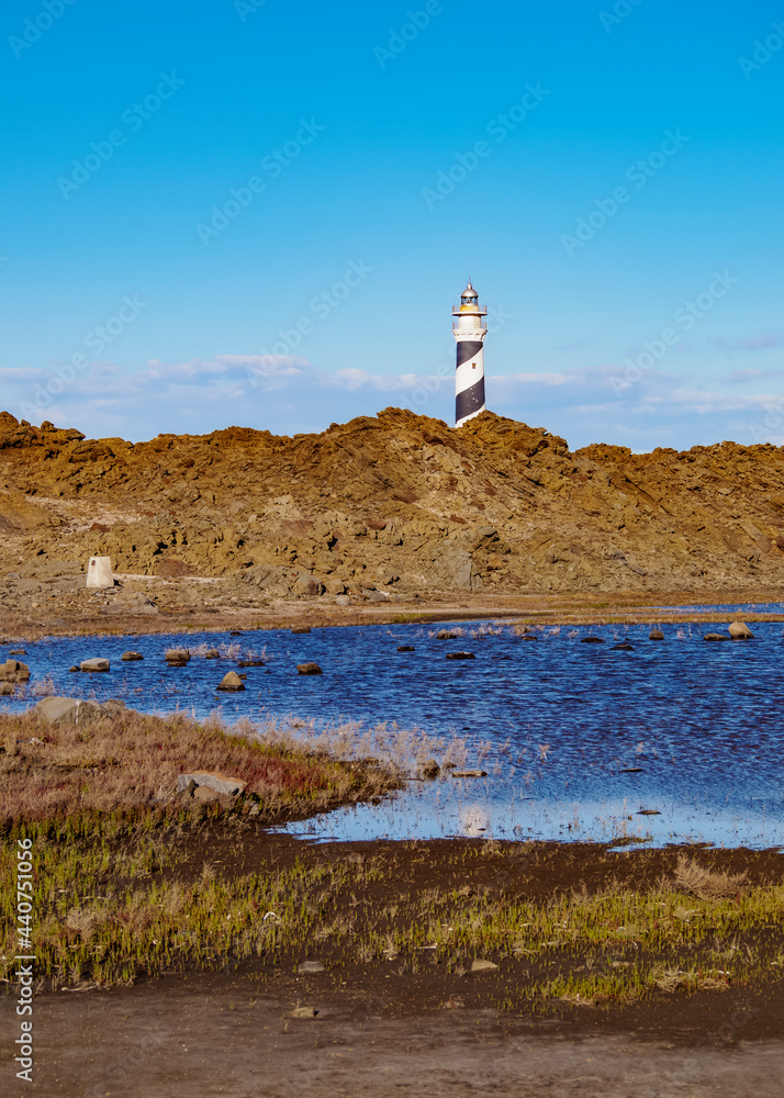 Favaritx Lighthouse at Cap de Favaritx, Menorca or Minorca, Balearic Islands, Spain