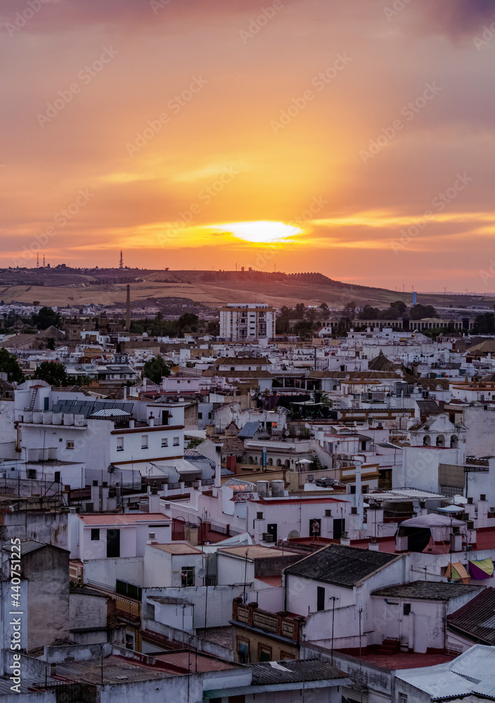 Skyline at sunset seen from the Metropol Parasol at La Encarnacion Square, Seville, Andalusia, Spain