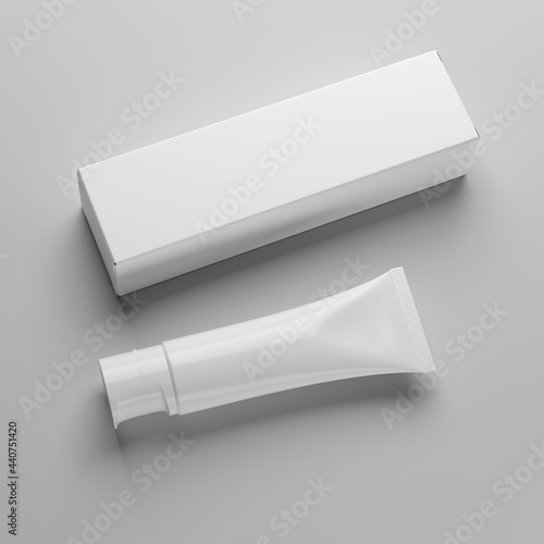 Blank white cosmetic tube on gray background. 3D rendering.