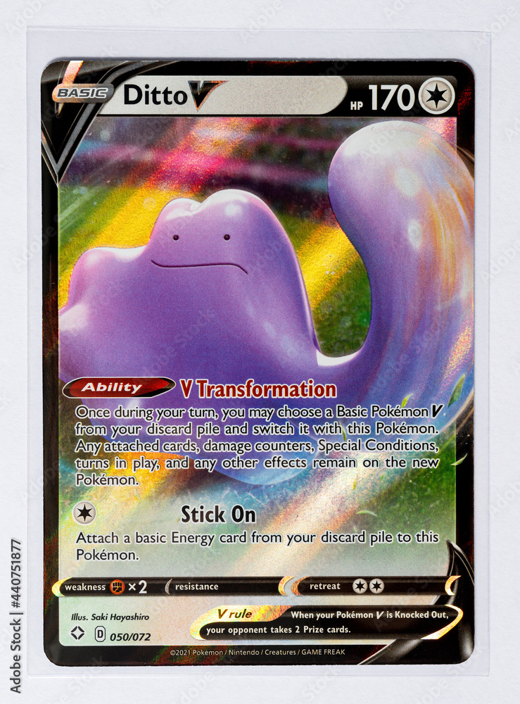 Foto de Hamburg, Germany - 06212021: frontside macro photo of the english  TCG pokemon shining fates card Ditto V (SHF 50) on white background. do  Stock