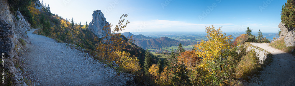 hiking trail to Kampenwand mountain, panorama landscape. Morning scenery in autumn