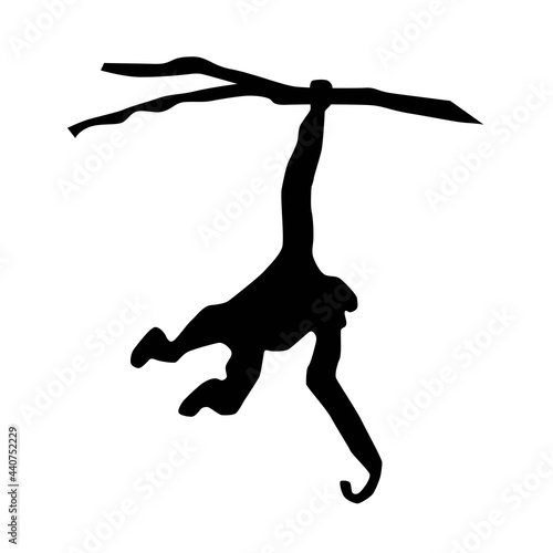 gibbon jumping and holding branch, silhouette, vector isolated on white background