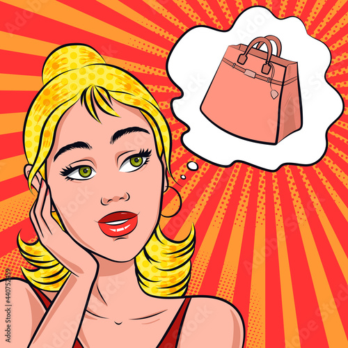 Woman thinking of buying new handbag, pop art retro comic style illustration. Blonde girl dreaming of pink shoulder bag