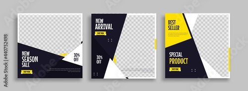 Set of Editable minimal square banner template. Blue yellow white background color with geometric shapes for social media post and web internet ads. Vector illustration