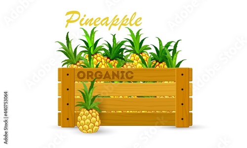 Cartoon of tropical exotic whole pineapple fruit in wooden box. Vector summer food, vitaminized and healthy eating, delicious juicy product. Idea of vegan, grocery, fruit export isolated on white