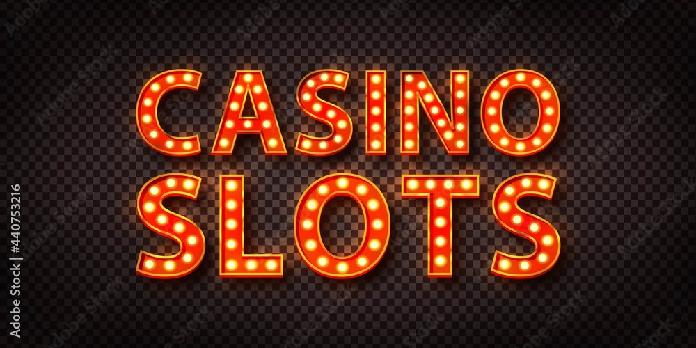 Φωτογραφία Vector realistic isolated retro marquee billboard with electric light lamps of Casino Slots logo for invitation on the transparent background