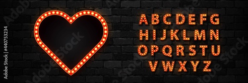 Vector realistic isolated marquee heart lightbox billboard with light bulb neon font for template decoration and invitation covering on the wall background. Concept of broadway and show.