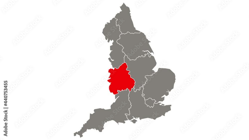 West Midlands region blinking red highlighted in map of England UK