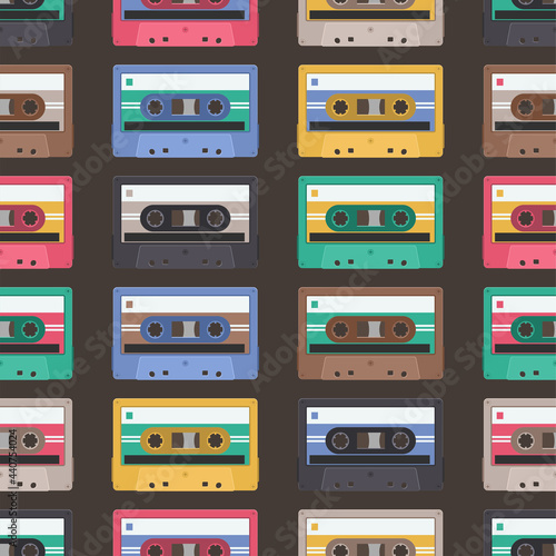 Music cassette background. Audio tape seamless pattern. Texture for fabric  wallpaper  decorative print