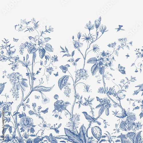 Mural. Bloom. Chinoiserie inspired. Vintage floral illustration. Blue and white