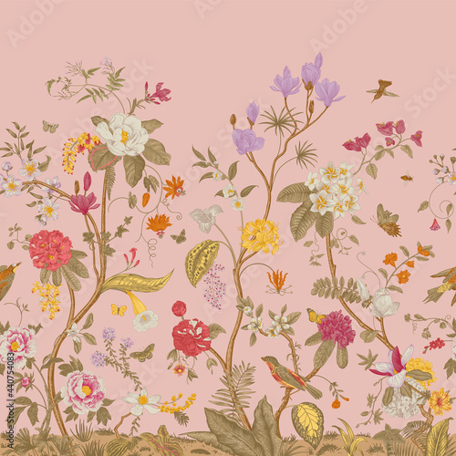 Carta da parati il sakura - Carta da parati Mural. Bloom. Chinoiserie inspired. Vintage floral illustration. Coral colors