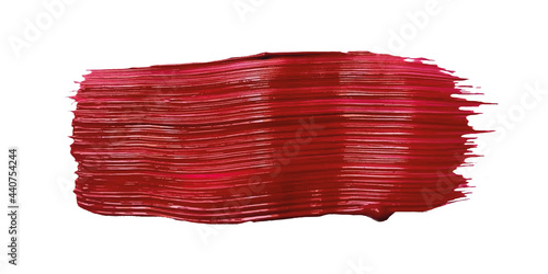 A smear of red acrylic paint. A trace of fresh paint from an art brush with a glossy texture. Design for cosmetic products. Vector image.