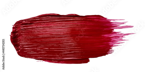 A smear of red acrylic paint. A trace of fresh paint from an art brush with a glossy texture. Design for cosmetic products. Vector image.