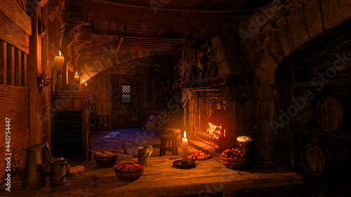 3D illustration of a candlelit table in an old medieval inn with barrels of ale or wine and an open fireplace.