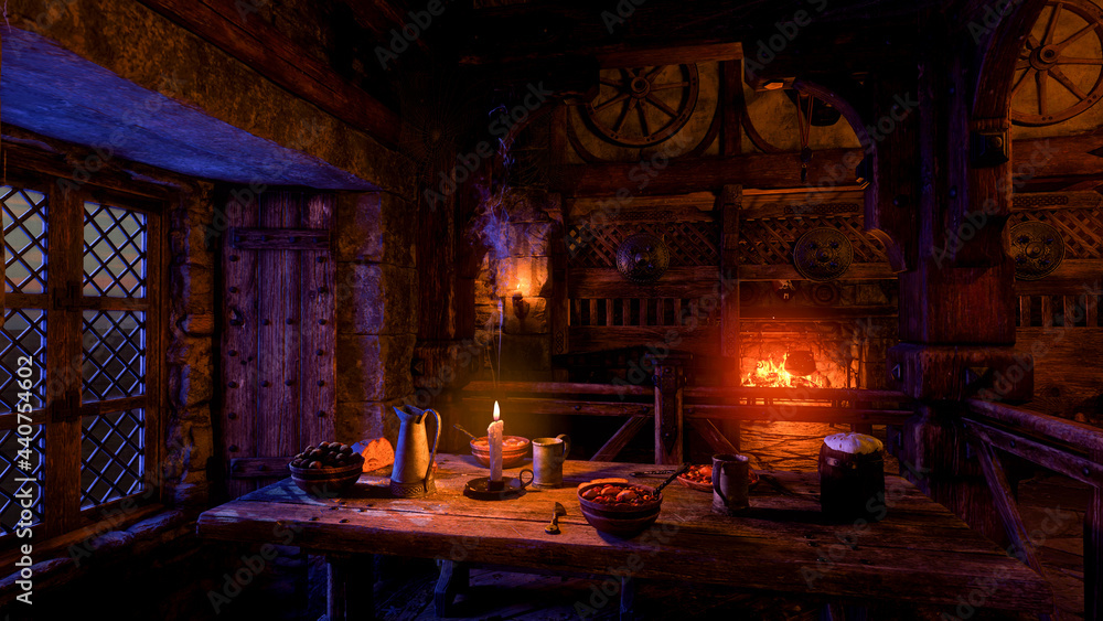 3D illustration of a medieval tavern or inn interior with food and drinks on a table lit by candles and wood fire burning in the background.